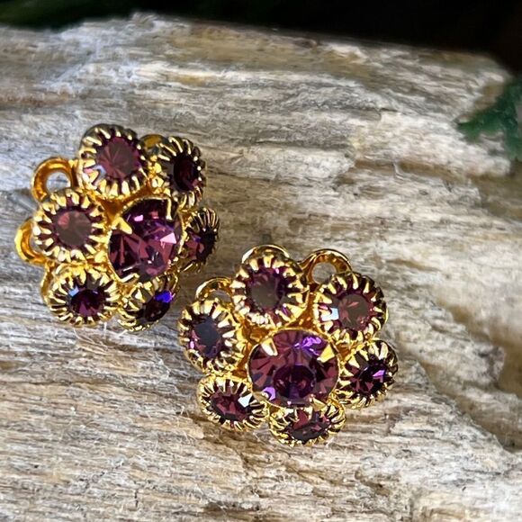 Gold Purple Floral Swarovski Crystals Statement Earrings - Picture 7 of 9